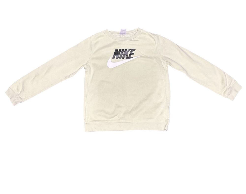 Nike Kids Large Cream Crewneck Sweatshirt Big Logo Small Hole Sleeve Pullover
